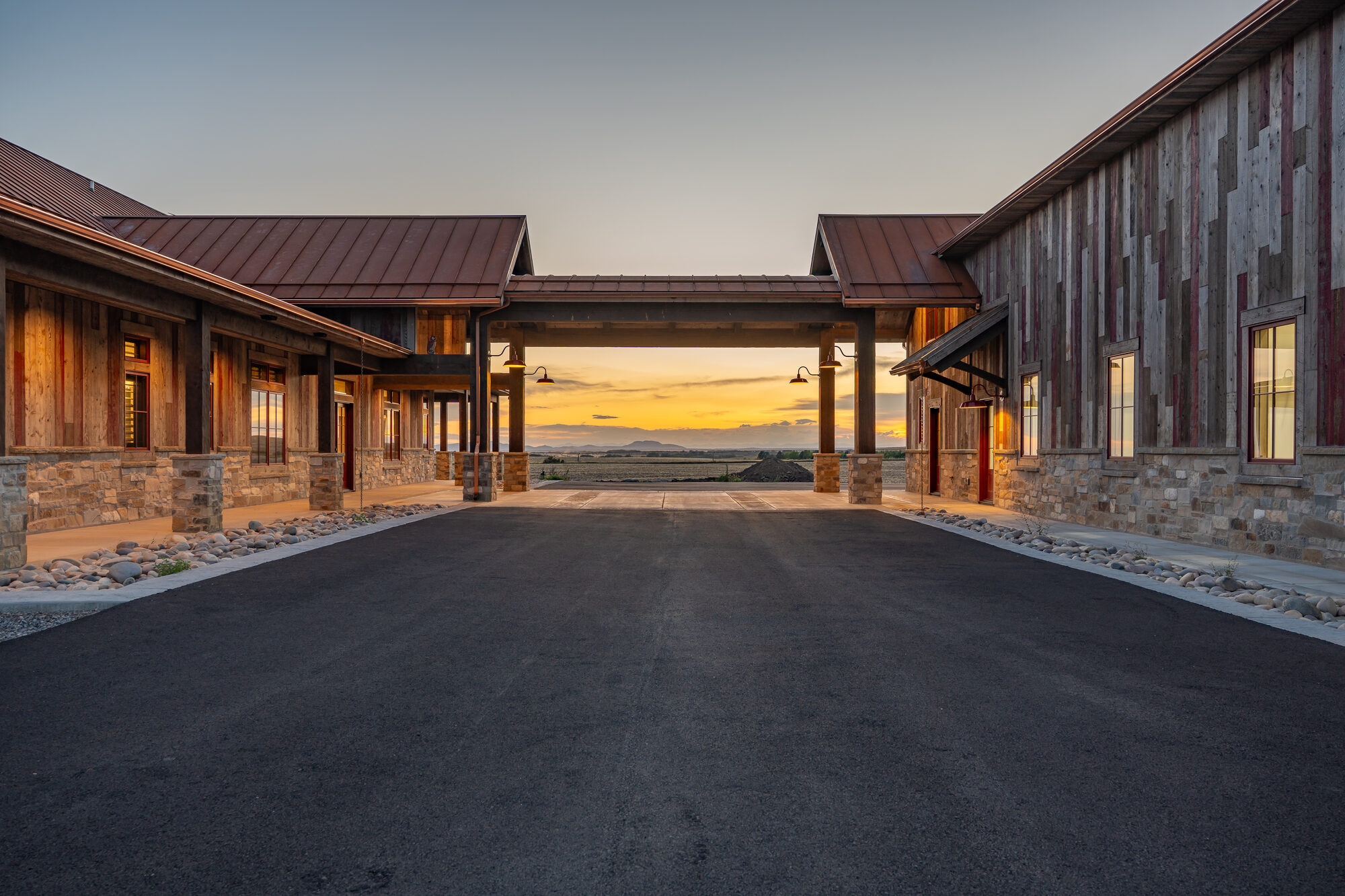 Breezeway between barn and home at sunset