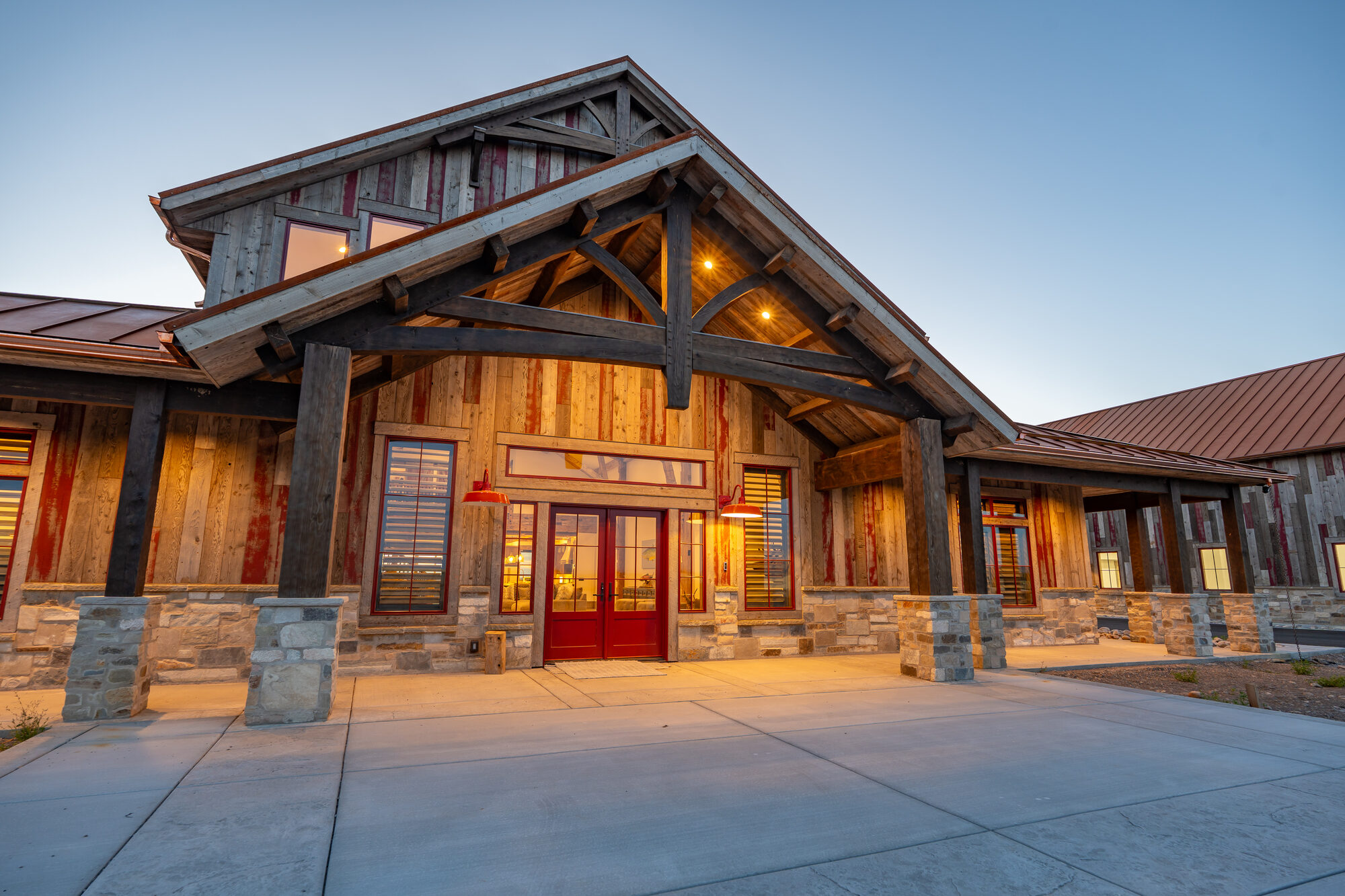Ashton timber entry portico at dusk